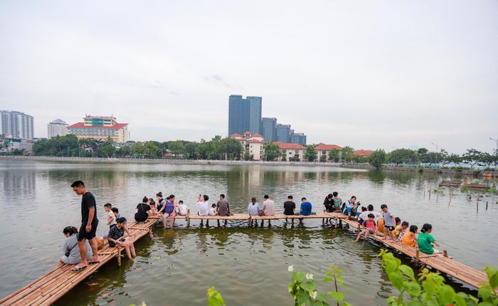Khoảng 1 tháng gần đây, người dân tại phố Nhật Chiêu (Tây Hồ, Hà Nội) thích thú với đàn cá Koi hàng nghìn con được thả xuống hồ