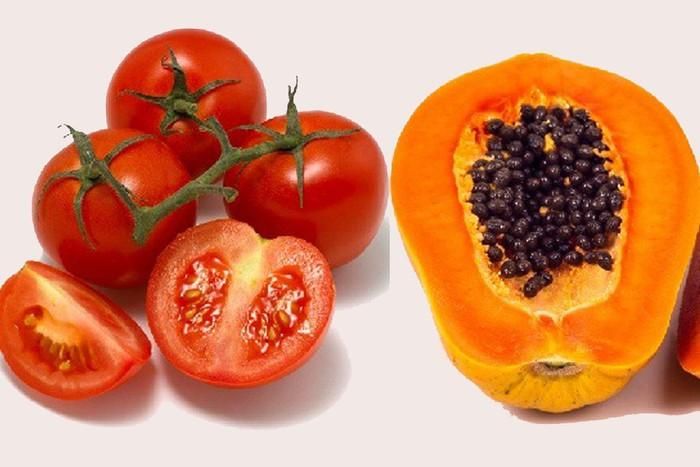 Đu đủ và cà chua đều có chứa những loại vitamin giúp làm sáng da, mờ thâm (Ảnh: Internet)