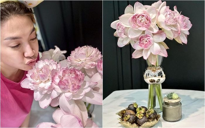 Người đẹp cắm hoa sen với gam hồng phớt rất xinh xắn. Cô đặt cả ở trên bàn thờ và bàn ăn. Mặt bàn ăn cô dùng loại mặt đá hoa cương trắng làm sáng căn phòng và trông sang trọng.