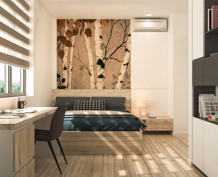 Phòng ngủ hiện đại với nội thất màu sồi kết hợp màu trắng.