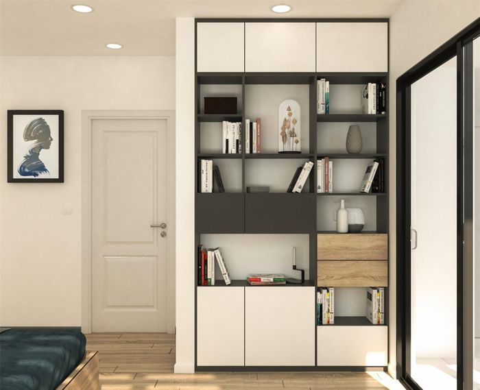 Tủ sách được thiết kế độc đáo nhưng vẫn đảm bảo công năng sử dụng.