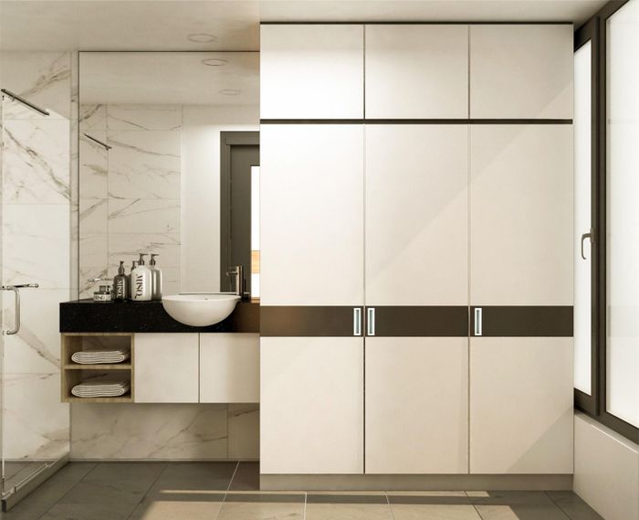 Tủ quần áo được đưa ra ngoài không gian loggia nhằm tối ưu hóa diện tích căn phòng.