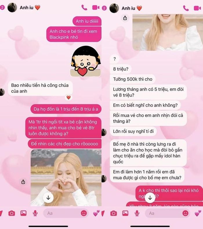 Hòa chung không khí khi BlackPink đến Việt Nam, mới đây một cô gái ngỏ lời xin bạn trai cho tiền mua vé gặp idol, theo đó vé dự kiến khoảng 8 triệu đồng để mua được vé VIP xem cho rõ. Tuy nhiên bạn trai cô lại bức xúc và đưa ra nhiều lý do như tiền lương không đủ bỏ ra 8 triệu để mua vé là quá sức đối với anh, chưa mua được gì cho bố mẹ không nên mua vé gặp idol,...Ảnh: Facebook