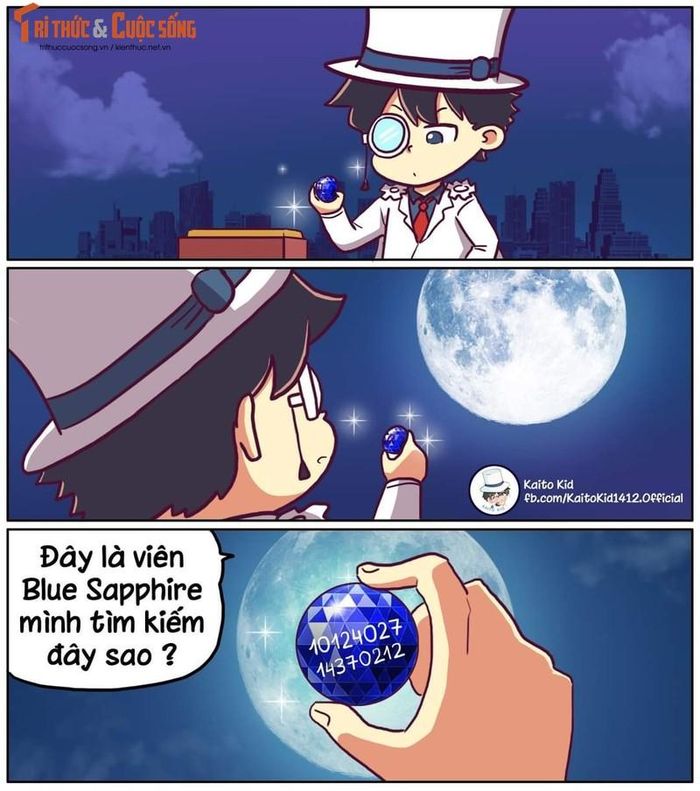  Trang Kaito Kid đã đăng hình ảnh khối pha lê xanh khắc các chữ số 1012402714370212 được nhiều cư dân mạng giải mã thành đáp án "Người lái đò sông Đà".
