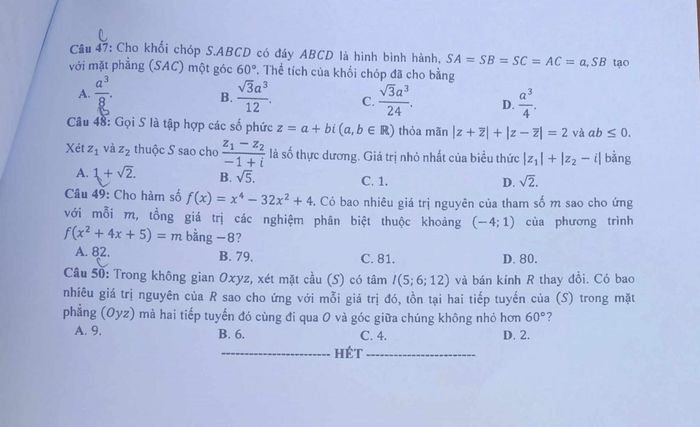 Đề thi môn Toán chính thức kỳ thi tốt nghiệp THPT 2023. (Nguồn: Vietnamnet)