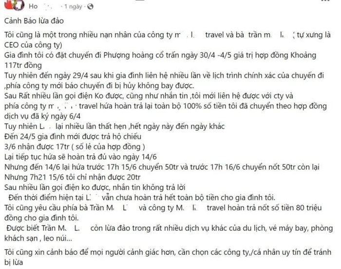 Trên mạng xã hội xuất hiện hàng loạt bài viết chia sẻ về việc bị lừa đảo khi đặt cọc tiền du lịch qua mạng. (Ảnh chụp màn hình)