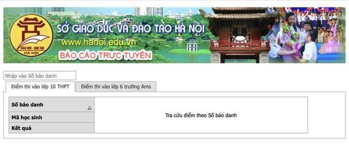 Giao diện trực tuyến điểm thi tuyển sinh vào lớp 10 của Sở