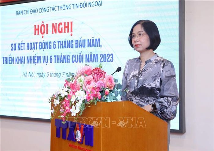 Tổng Giám đốc Thông tấn xã Việt Nam Vũ Việt Trang phát biểu chào mừng và báo cáo kết quả triển khai công tác thông tin đối ngoại của Thông tấn xã Việt Nam. Ảnh: An Đăng/TTXVN