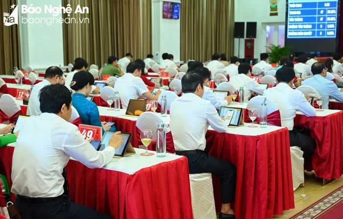  Các đại biểu HĐND tỉnh biểu quyết thông qua dự thảo Nghị quyết quy định chính sách hỗ trợ cho chủ rừng để thực hiện công tác quản lý, bảo vệ rừng trên địa bàn tỉnh Nghệ An. Ảnh: Thành Cường 