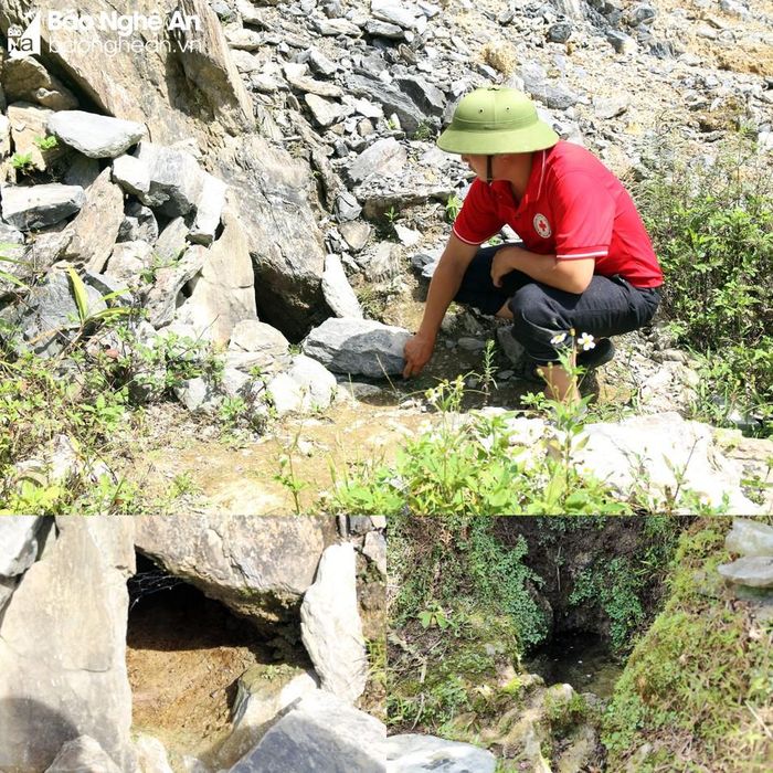  Muốn có nước ăn uống và sinh hoạt, nhiều hộ dân phải tận dụng các mó nước nhỏ trong các khe đá. Ảnh: Đào Thọ 