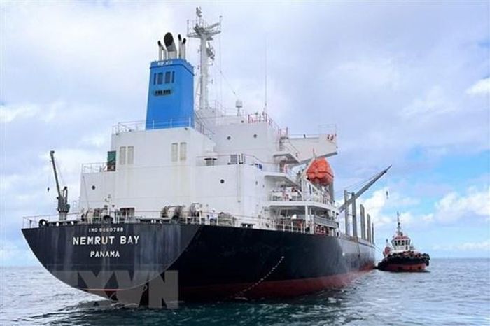 Lực lượng cứu hộ tiếp cận tàu hàng Nemrut Bay. (Ảnh: TTXVN phát)