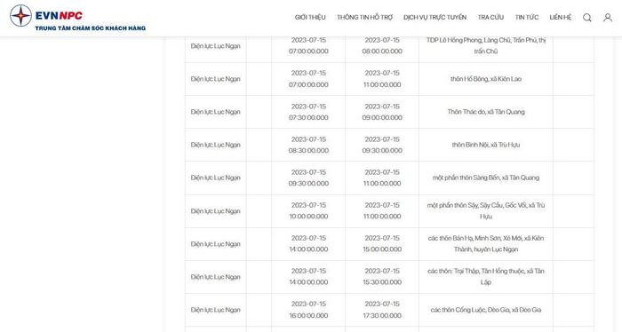 Lịch cắt điện Bắc Giang ngày mai 15/7 cập nhật ngày 14/7 tại website của EVNNPC. Ảnh: BNEWS phát