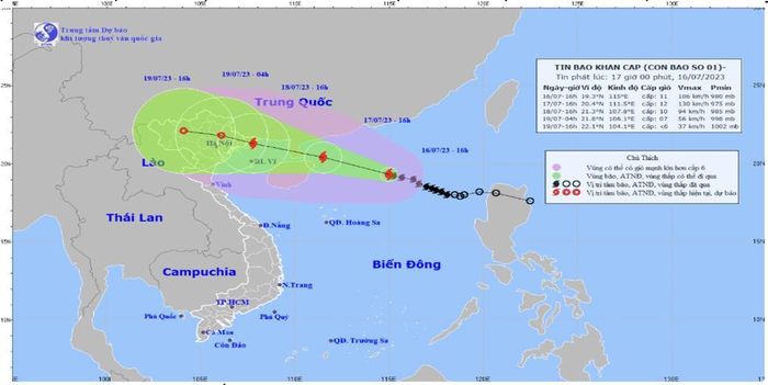  Bản đồ quỹ đạo và cường độ Bão lúc 17h00 giờ ngày 16/07/2023. Ảnh: Trung tâm dự báo KTTV quốc gia 