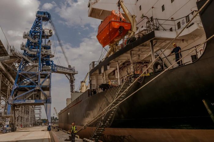 Một tàu chở hàng chở đầy ngũ cốc chuẩn bị lên đường vào tháng 8/2022 từ Cảng Pivdennyi ở Ukraine trong khuôn khổ Sáng kiến Ngũ cốc Biển Đen. Ảnh: NY Times