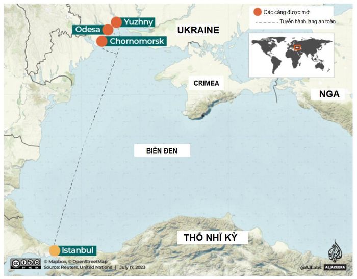 Tổng thống Ukraine Volodymyr Zelensky tuyên bố đất nước ông đã chuẩn bị để tiếp tục xuất khẩu ngũ cốc qua Biển Đen mà không cần có Nga. Đồ họa: Al Jazeera