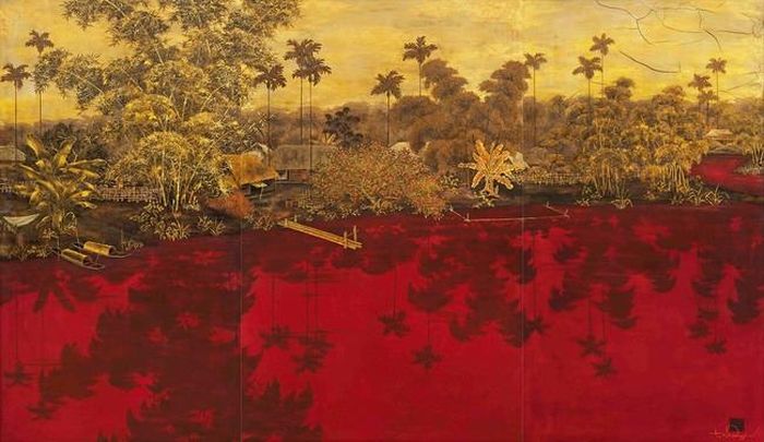 Tác phẩm “Bóng nước” (sơn mài, 3 tấm, 110 x 176cm, khoảng 1967) -