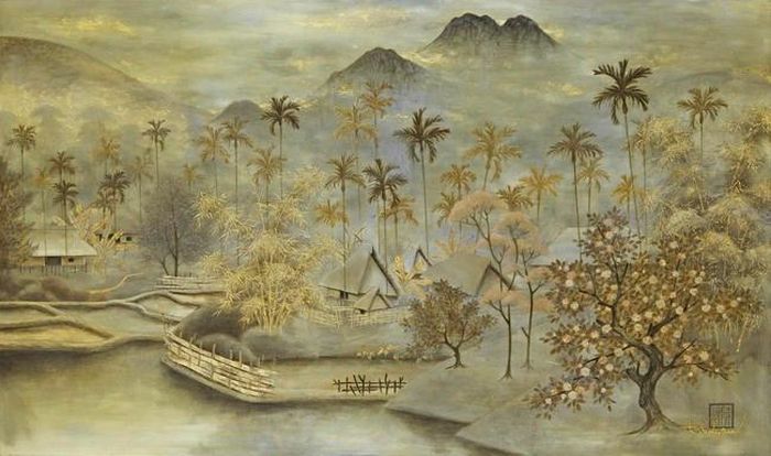 Tác phẩm “Phong cảnh mạn ngược” (sơn mài, 65 x 110cm, Sưu tập Phạm Lê