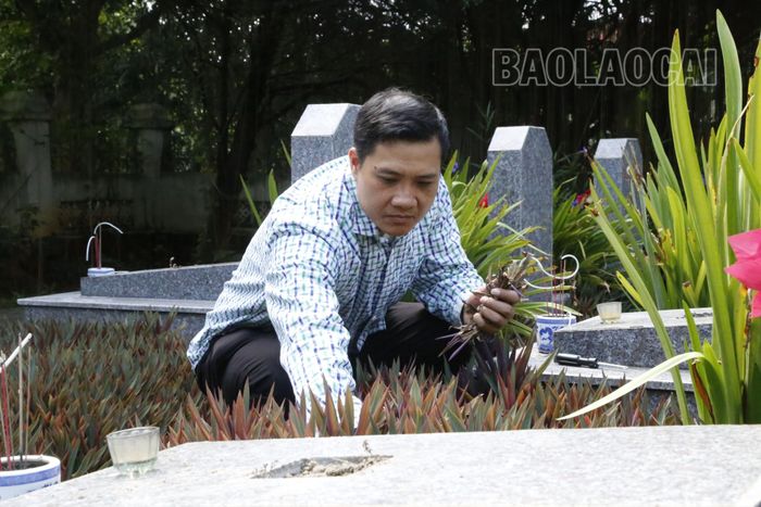  5 năm nhận nhiệm vụ “canh giấc” cho các liệt sĩ tại nghĩa trang xã nhà, trừ những lúc đau ốm, chưa ngày nào anh Lê Hoàng Anh (công chức Lao động, Thương binh và Xã hội xã Xuân Quang, huyện Bảo Thắng) quên nhiệm vụ làm đẹp cho khuôn viên nghĩa trang cũng như những phần mộ tại đây. “Với tôi, làm quản trang tại nghĩa trang liệt sĩ không đơn giản chỉ là công việc hết tháng nhận lương, mà trên hết đó còn là cách để tôi – thế hệ trẻ tri ân tới thế hệ đi trước.” – anh Hoàng Anh chia sẻ. 