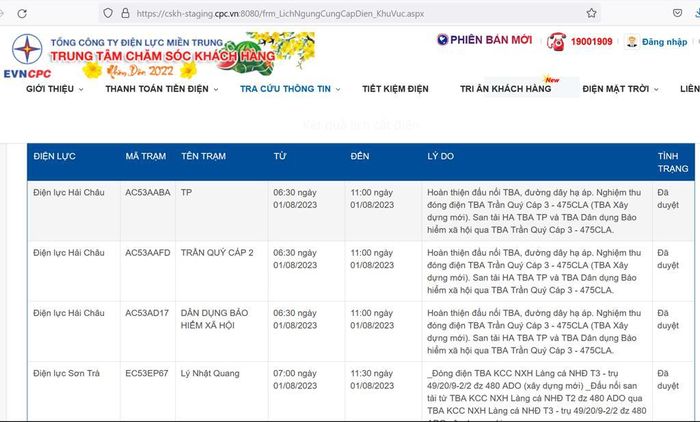 Lịch cắt điện Đà Nẵng ngày 1/8 cập nhật mới nhất tại website của Tổng công ty Điện lực miền Trung ngày 31/7. Ảnh: BNEWS/TTXVN
