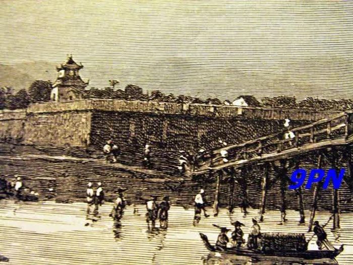 Bức tranh giả thiết là từng có cầu bắc qua sông Hương bằng gỗ, nhưng có thể là cầu Gia Hội
