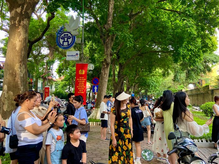 Ngày cuối tuần, nhiều người dân, du khách đổ xô lên phố Phan Đình Phùng, Hoàng Diệu để "đón thu về". Ai cũng xúng xính trong những bộ váy áo rực rỡ để chụp những bức ảnh nên thơ làm kỷ niệm, tận hưởng trọn vẹn thời khắc giao mùa của Hà Nội.