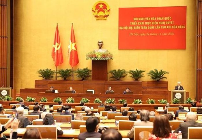 Tổng Bí thư Nguyễn Phú Trọng phát biểu tại Hội nghị văn hóa toàn quốc, tháng 11/2021.