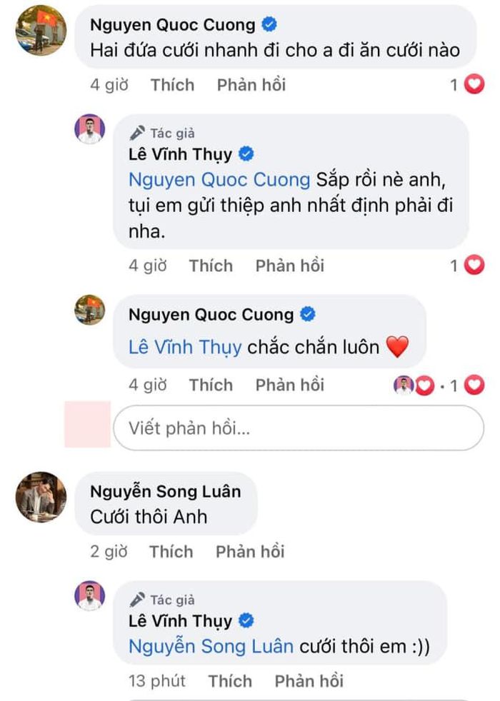 Vĩnh Thụy xác nhận khi tương tác với Cường Đô la trên mạng xã hội.