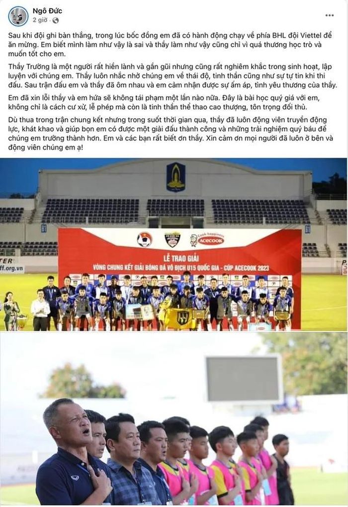 Cầu thủ Ngô Anh Đức của U15 SLNA viết trên trang cá nhân