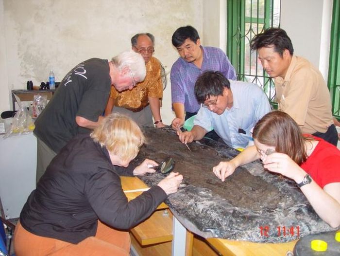 Tác giả cùng nhóm chuyên gia Úc đang bóc tách lớp vải liệm khỏi xác mộ Đông Sơn ở Động Xá. Người đàn ông khoảng 40 tuổi trong bọc vải liệm có chiều cao 145cm