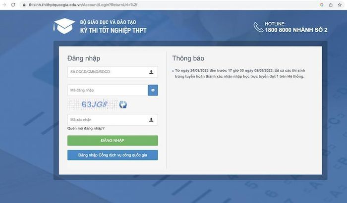 Giao diện trang xác nhận nhập học trực tuyến