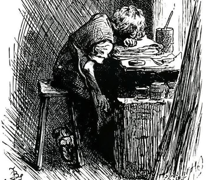 Tranh minh họa Charles Dickens thời kỳ phải làm việc tại nhà máy xi giày