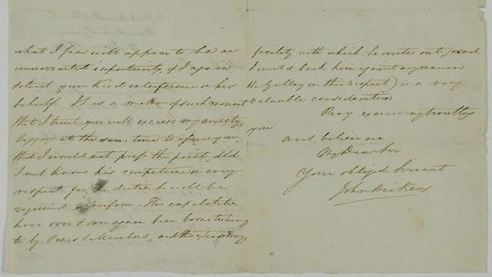 John Dickens viết thư cho chính trị gia Joseph Parkes năm 1834 để cố tìm việc cho con trai khi gia đình gặp khó khăn tài chính