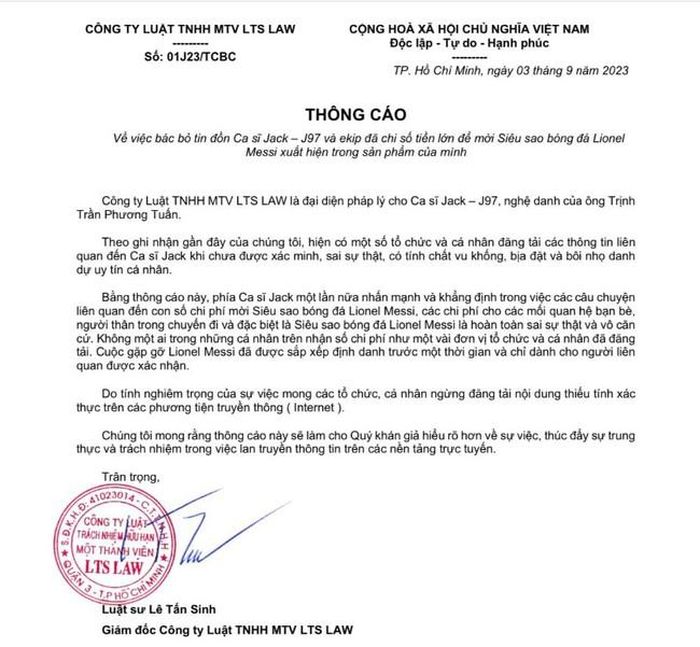 Thông cáo báo chí từ phía Jack nhằm bác bỏ tin đồn. Ảnh chụp màn hình