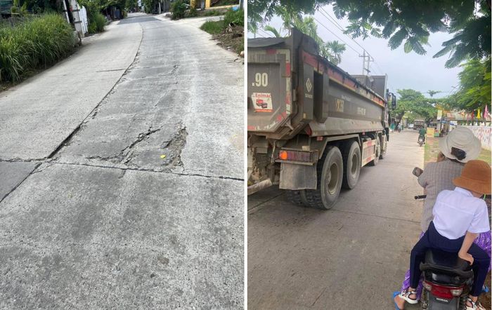 Mặt đường ĐH1 xuống cấp và tiềm ẩn tai nạn giao thông do các loại xe trọng tải lớn liên tục qua lại.