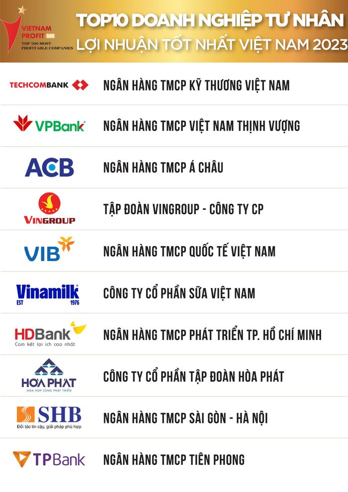 Top 10 của bảng xếp hạng “Top 500 Doanh nghiệp tư nhân lợi nhuận tốt nhất Việt Nam năm 2023”. Nguồn: Vietnam Report