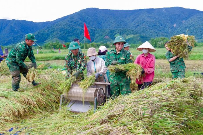 Giúp dân tuốt lúa. Ảnh: Võ Tiến