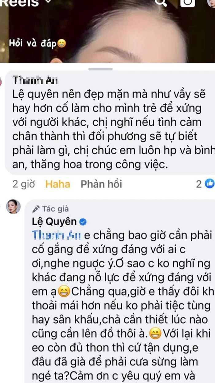 Khi chia sẻ video mới lên trang cá nhân, Lệ Quyên tiếp tục nhận về những bình luận trái chiều. Bên cạnh những lời khen ngợi, nhiều ý kiến cũng cho rằng cô đang cố cưa sừng làm nghé cho phù hợp với diện mạo của "tình trẻ". Ngay lập tức, "nữ hoàng phòng trà" lên tiếng đáp trả.