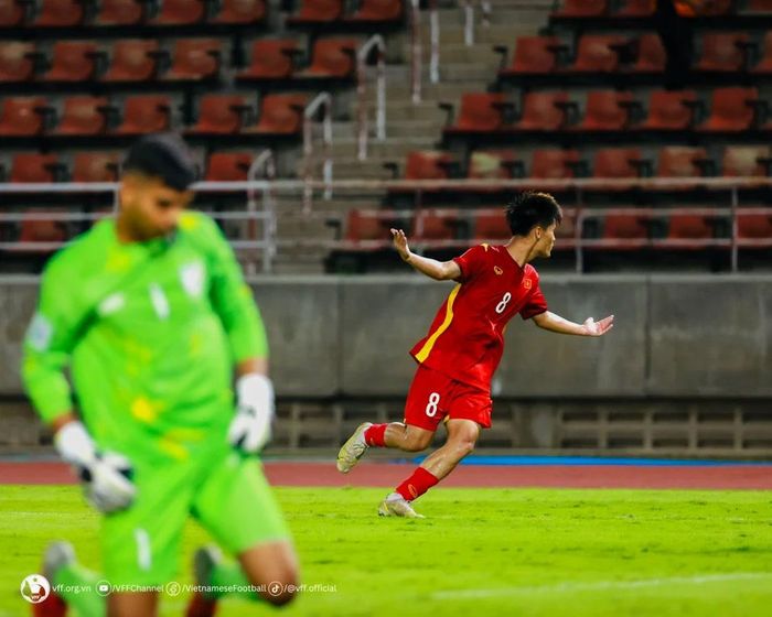 Lê Đình Long Vũ ghi bàn thắng trong trận hòa 1-1 với U17 Ấn Độ. Ảnh tư liệu: VFF