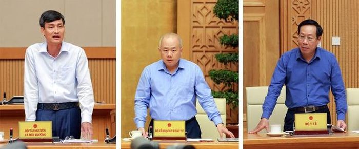 Lãnh đạo các bộ TN&amp;MT, KH&amp;ĐT, Y tế (từ trái qua phải) phát biểu tại cuộc họp - Ảnh: VGP/Minh Khôi