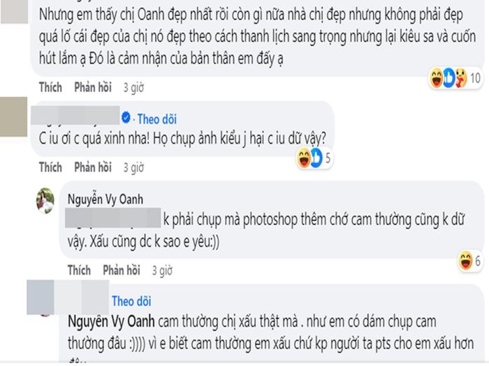 Giọng ca Đồng xanh cho biết, loạt ảnh đã bị chỉnh sửa. "Chứ camera thường cũng không dữ vậy", Vy Oanh trả lời bình luật của một cư dân mạng. Ảnh chụp màn hình.