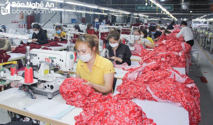 Công nhân may thuộc Công ty THHH Hi - TEX, tại thị xã Thái Hòa. Ảnh: MH