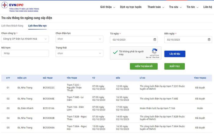 Tổng công ty Điện lực miền Trung thông báo trên website EVNCPC lịch cắt điện ở Khánh Hòa ngày 2/10. Ảnh: BNEWS/TTXVN