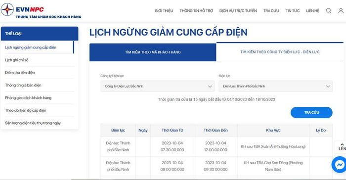Lịch cắt điện Bắc Ninh ngày 5/10 cập nhật tại website của EVNNPC. Ảnh: BNEWS