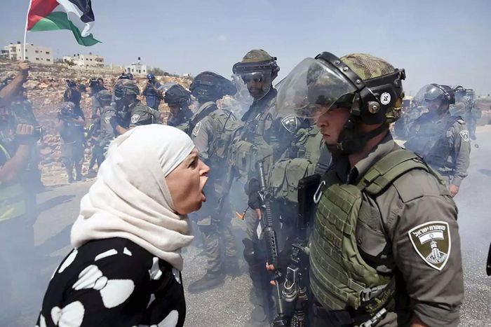 Một phụ nữ Palestine tranh cãi với cảnh sát Israel ở Bờ Tây. Ảnh: Reuters