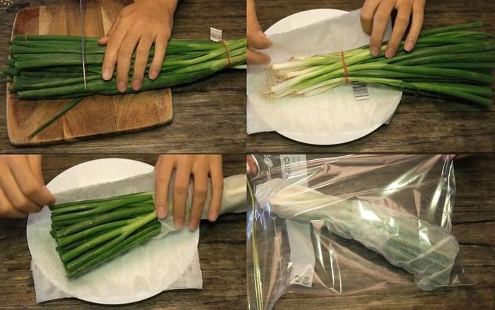 Phần cọng hành trắng không cần bỏ rễ mà cho vào túi kín, gói lại, bỏ vào ngăn mát để tăng thời gian sử dụng