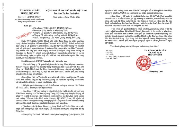 Văn bản chỉ đạo của UBND thành phố Vinh về việc giải quyết tình trạng cá chết, ô nhiễm môi trường khu vực Hào thành cổ Vinh. Ảnh chụp màn hình: Thanh Phúc