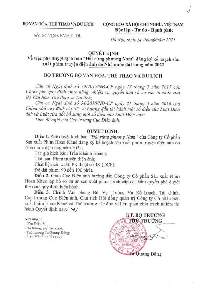 Quyết định phê duyệt kịch bản "Đất rừng phương Nam" đăng ký kế hoạch sản xuất phim truyện điện ảnh do Nhà nước đặt hàng năm 2022.