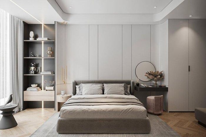 Thiết kế nội thất phòng ngủ theo phong cách hiện đại lấy tone màu xám làm màu chủ đạo. Phối hợp nhuần nhuyễn giữa các chất liệu cao cấp như nhung, kim loại, nhựa,... tạo nên thiết kế phòng ngủ đẹp mắt, sang trọng.