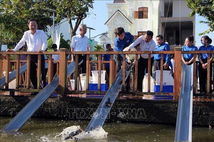 Lãnh đạo các sở, ngành, đoàn thể thực hiện hoạt động thả cá tái tạo hệ sinh thái sau lễ phát động.