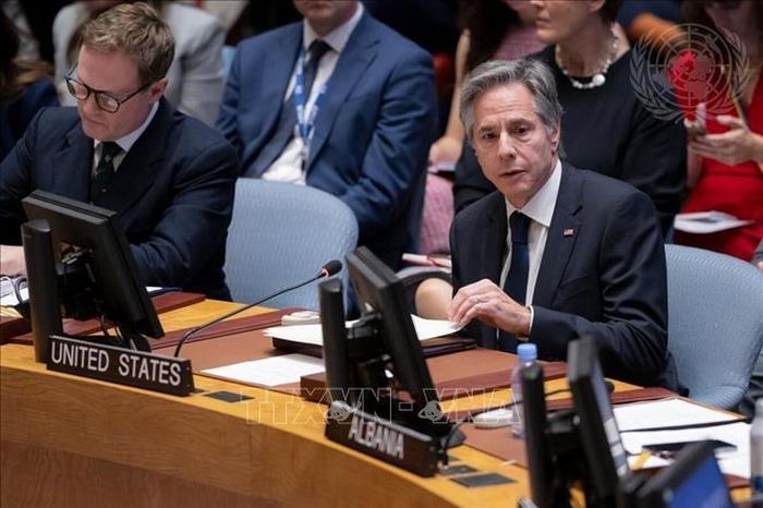 Ngoại trưởng Mỹ Antony Blinken phát biểu tại phiên thảo luận mở của HĐBA về tình hình Israel, Gaza. Ảnh: TTXVN phát